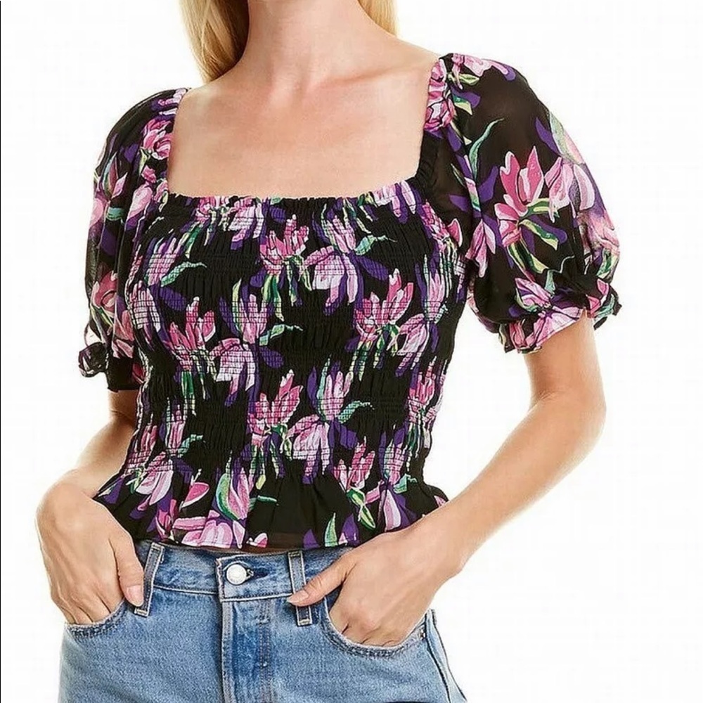 NEW WAYF Black Birds Smocked Crop Top Blouse Size Large